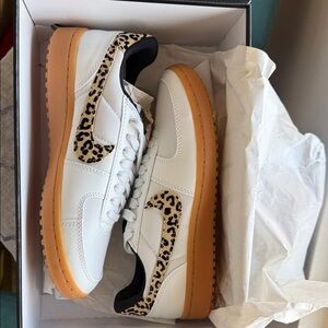 Nike White Sneakers with Leopard Print and Gum Sole